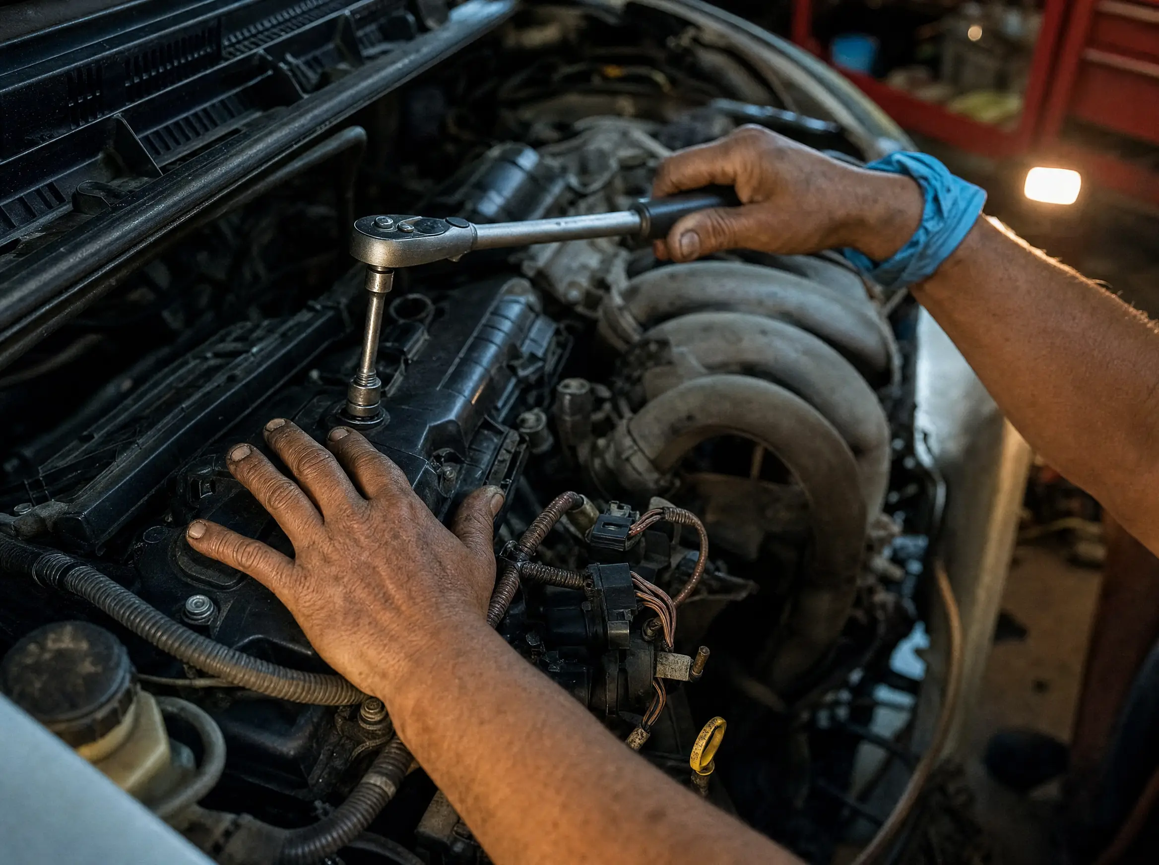 A mechanic’s hands torque-wrenching a bolt inside an engine bay