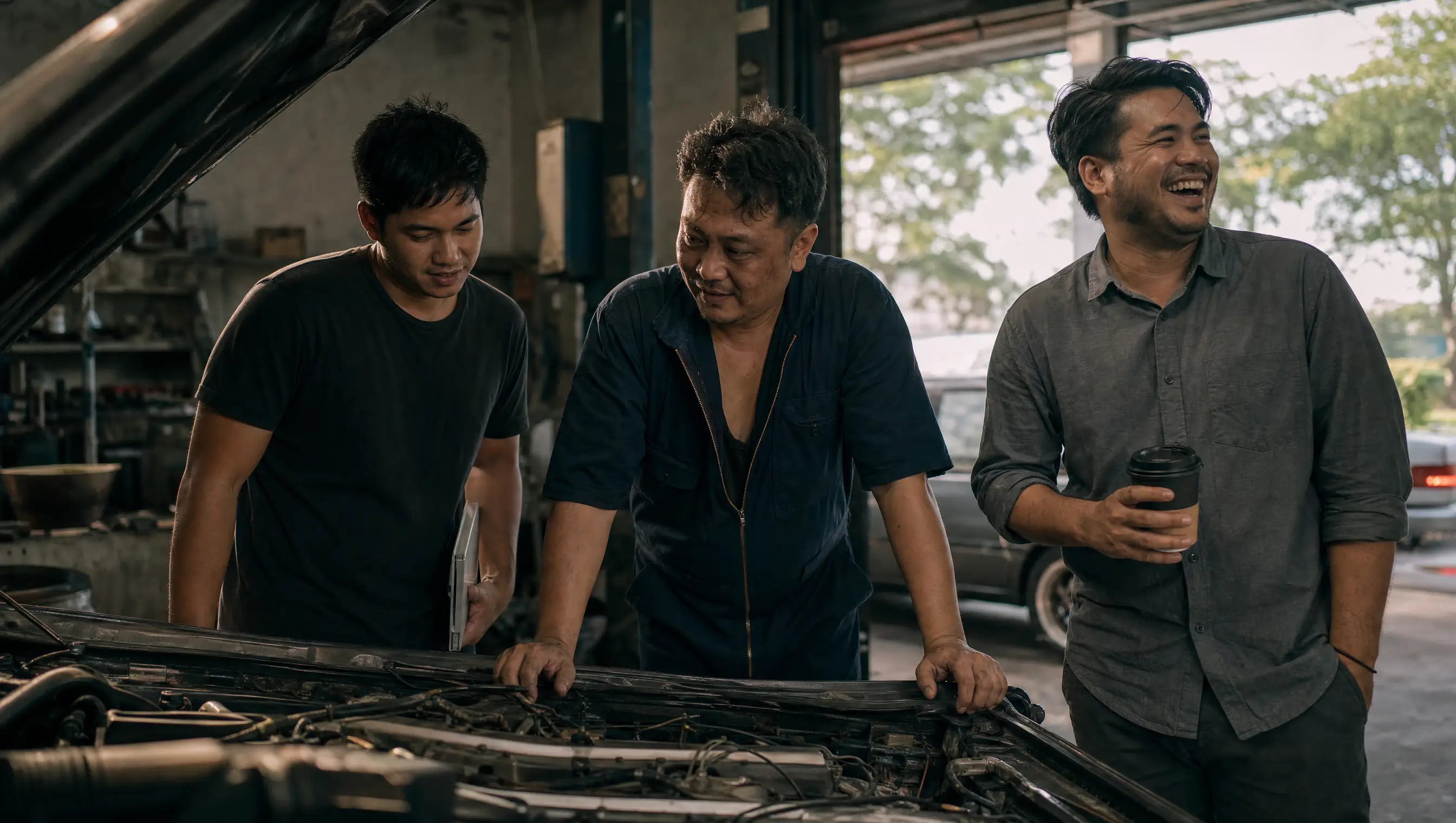 Three colleagues at a small workshop in the morning, gathered around an open bonnet