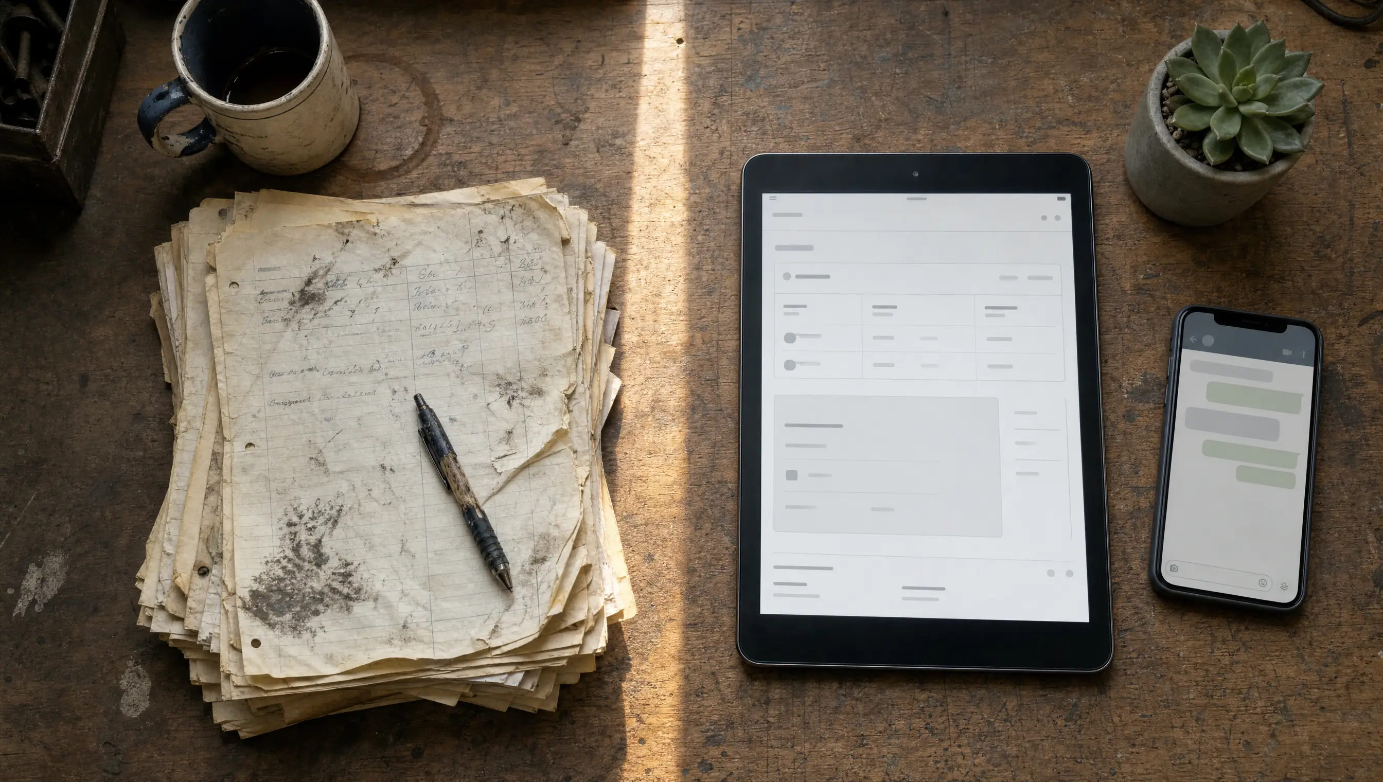 A workshop counter with a stack of paper job cards on the left and a tablet plus phone on the right