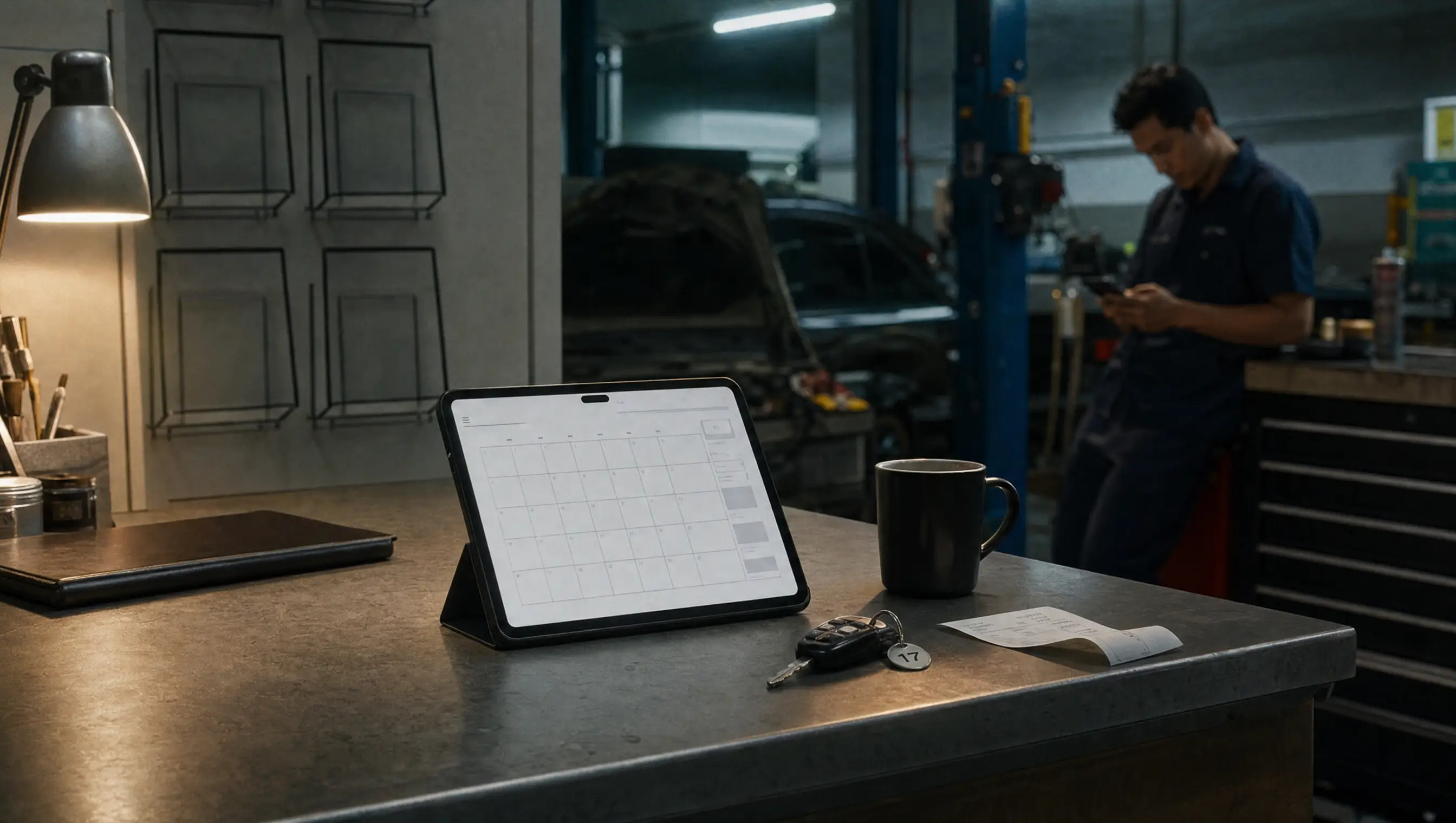 A tidy workshop counter at end of week with a tablet calendar, coffee mug and car keys, and a mechanic in the background