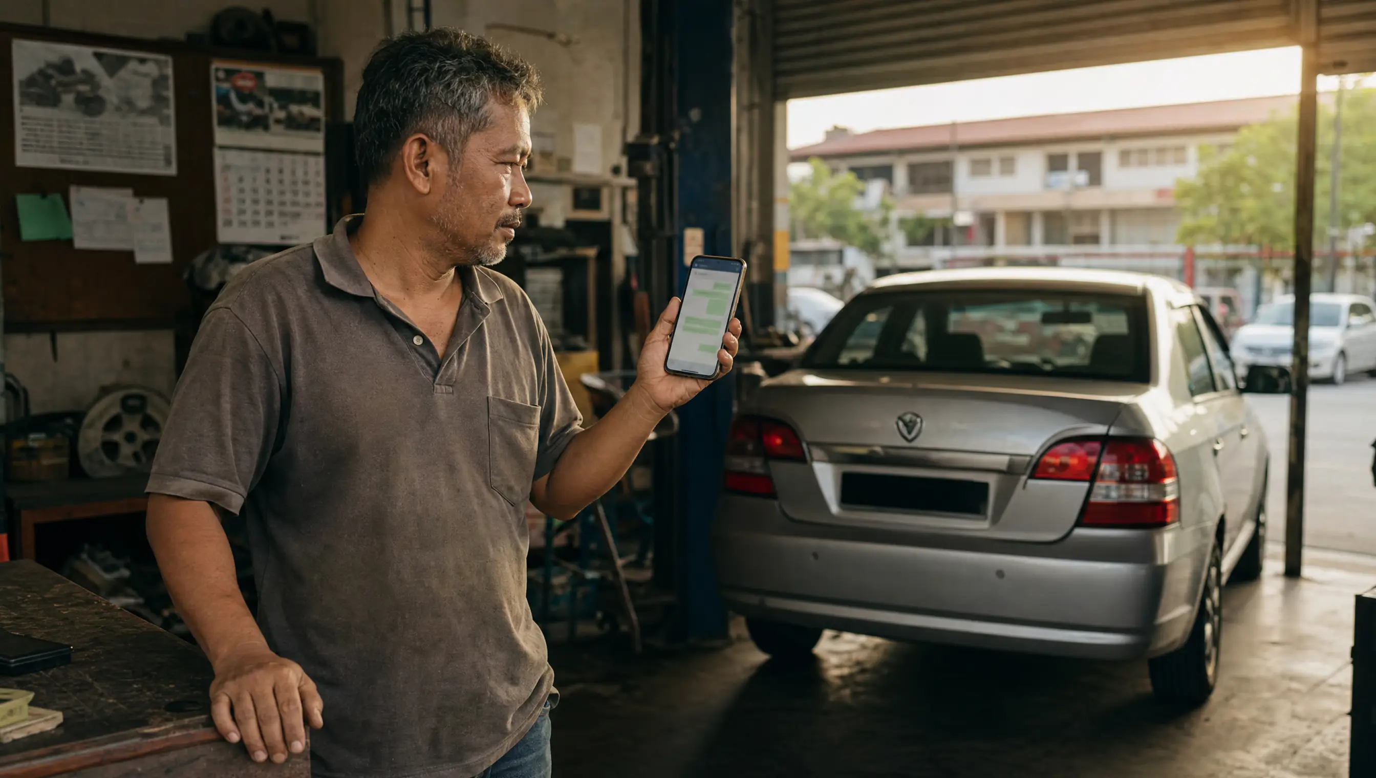 A workshop owner holding a phone with a chat open, a customer’s car parked behind